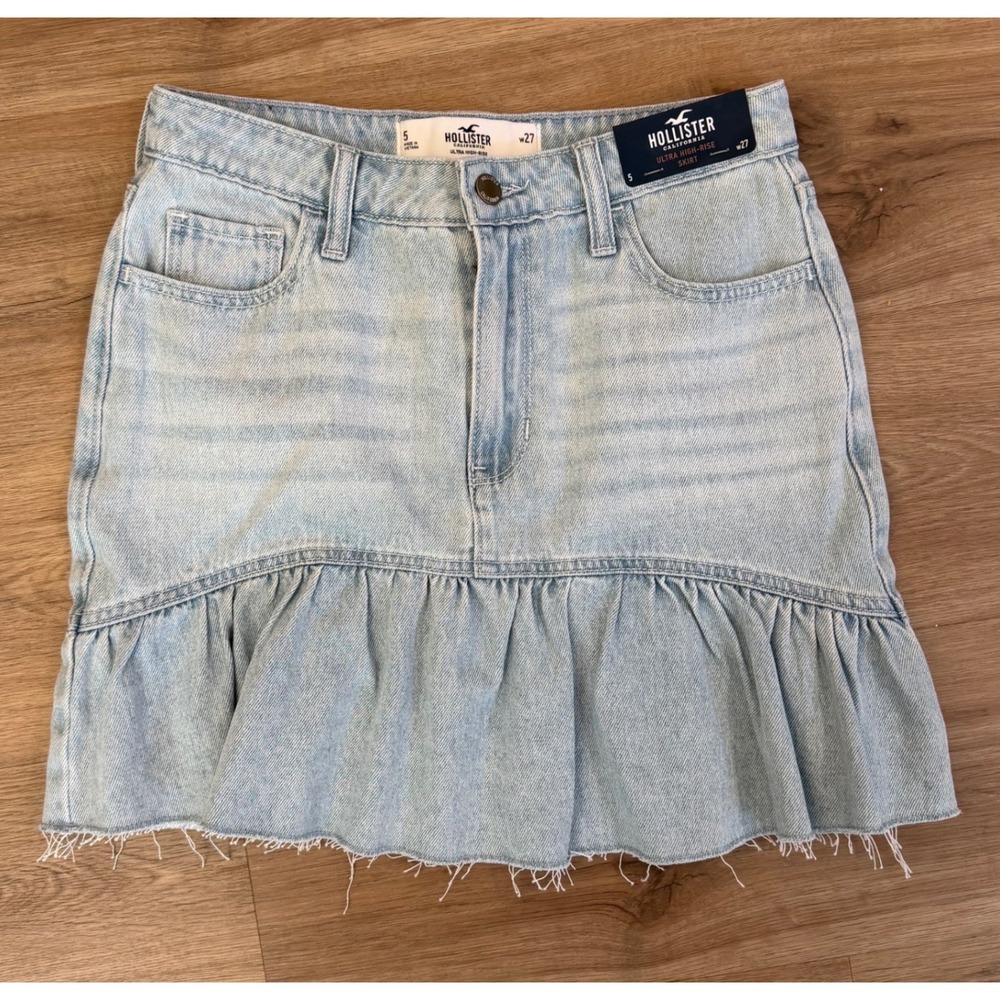 Hollister Ultra High-Rise Ruffle Denim Skirt Light Wash Raw Hem Size 5 W27 NWT